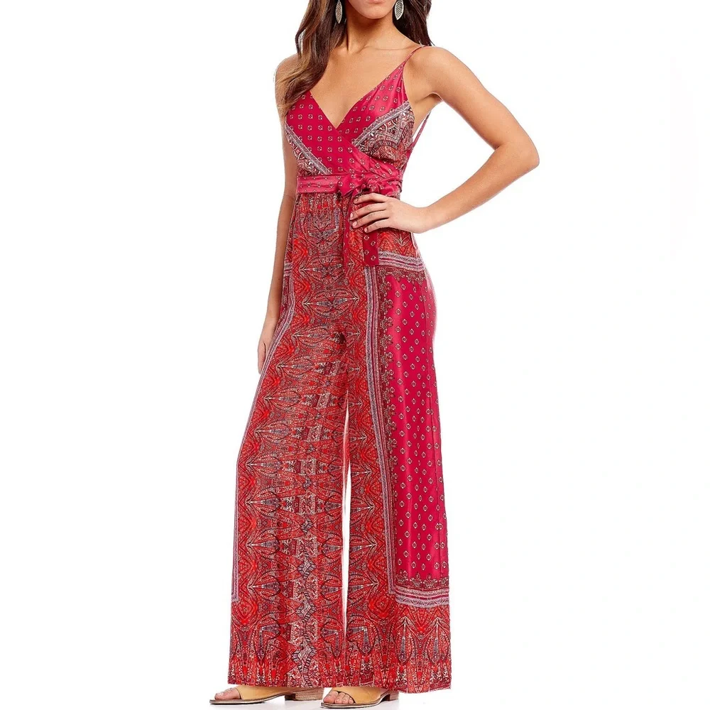 Free People Cabbage Rose Boho Wrap Top Waist Tie Satin Wide Leg Jumpsuit Size 2‎ - Picture 5 of 12